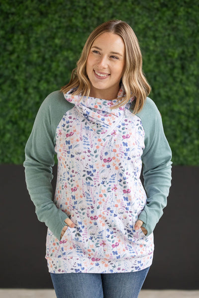 IN STOCK Zoey ZipCowl Sweatshirt - Sage and Floral Paradise