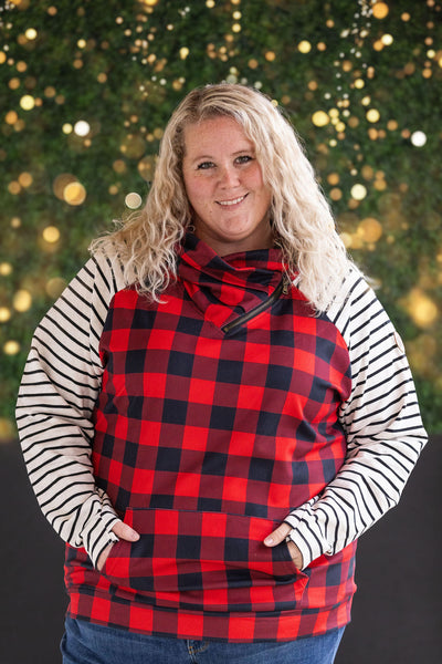 IN STOCK Zoey ZipCowl - Buffalo Plaid and Oatmeal Stripes FINAL SALE