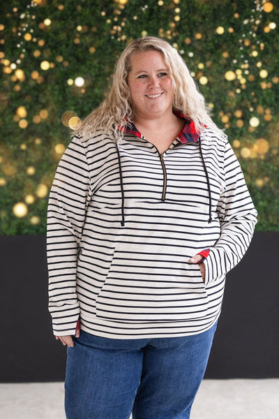 IN STOCK HalfZip Hoodie - Oatmeal Stripes and Buffalo Plaid FINAL SALE