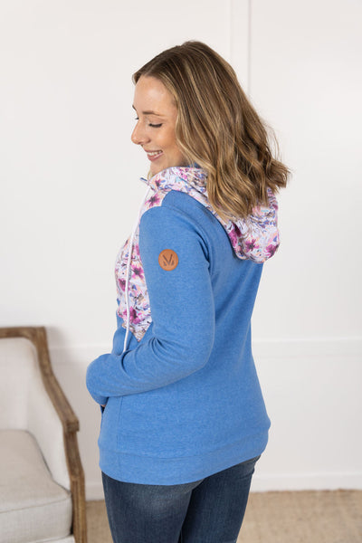 IN STOCK HalfZip Hoodie - Pink and Periwinkle Abstract Floral and Blue