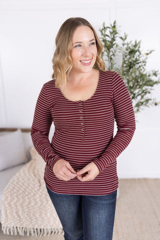 IN STOCK Striped Henley Long Sleeve - Burgundy FINAL SALE