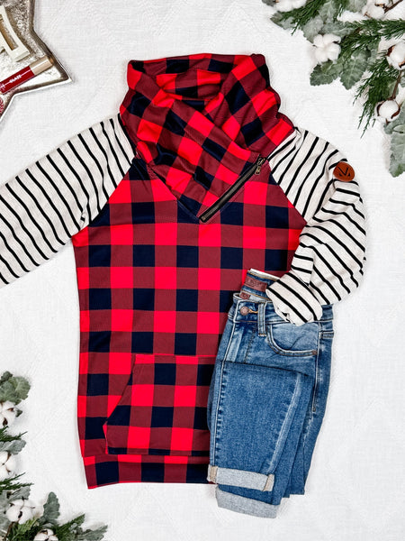 IN STOCK Zoey ZipCowl - Buffalo Plaid and Oatmeal Stripes FINAL SALE