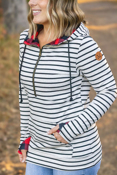 IN STOCK HalfZip Hoodie - Oatmeal Stripes and Buffalo Plaid FINAL SALE