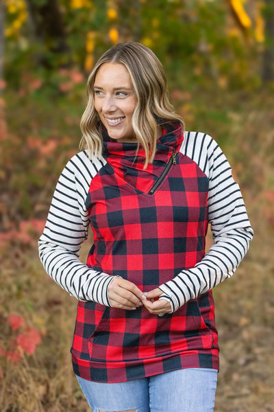 IN STOCK Zoey ZipCowl - Buffalo Plaid and Oatmeal Stripes FINAL SALE