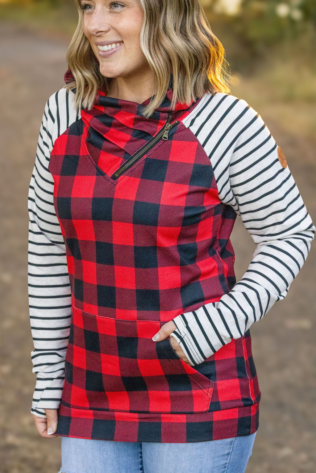 IN STOCK Zoey ZipCowl - Buffalo Plaid and Oatmeal Stripes FINAL SALE