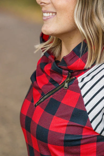 IN STOCK Zoey ZipCowl - Buffalo Plaid and Oatmeal Stripes FINAL SALE