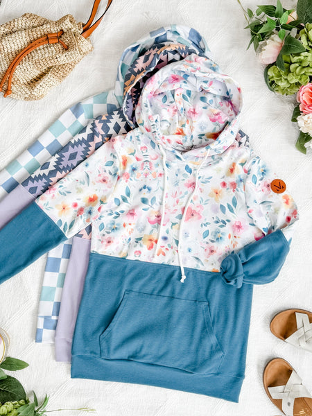 IN STOCK Hailey Pullover Hoodie - Watercolor Floral + Blue