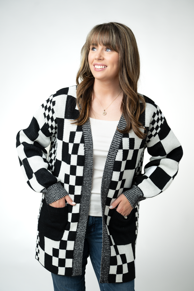 IN STOCK Long Checkered Pocket Cardigan - Black and White