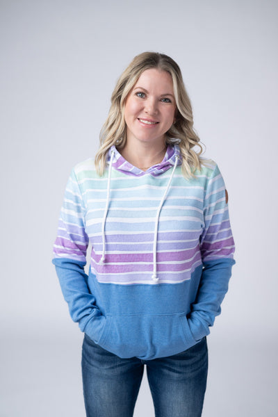 IN STOCK Hailey Pullover Hoodie - Rainbow Stripes and Blue