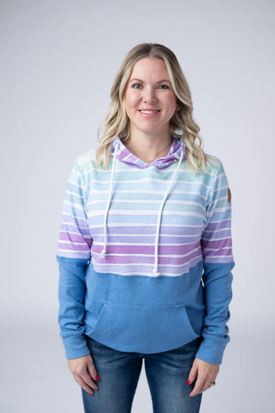 IN STOCK Hailey Pullover Hoodie - Rainbow Stripes and Blue