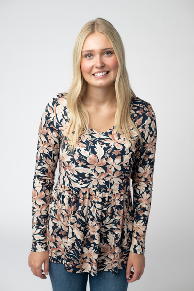 IN STOCK Long Sleeve Sarah Ruffle Top - Navy Autumn Petals