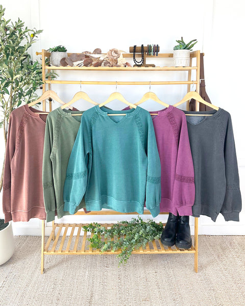 IN STOCK Lace Accent Vintage Wash Pullover - Olive