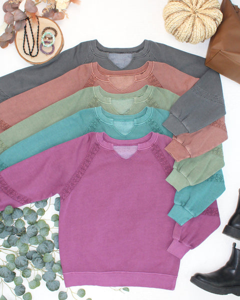 IN STOCK Lace Accent Vintage Wash Pullover - Teal
