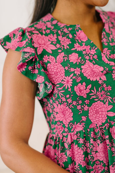 Lizzy Forever Flutter Sleeve Dress in Green and Pink Floral
