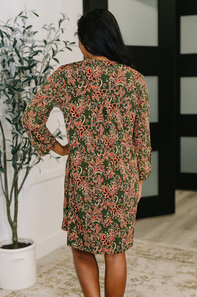 Lizzy Long Sleeve Dress in Olive Paisley