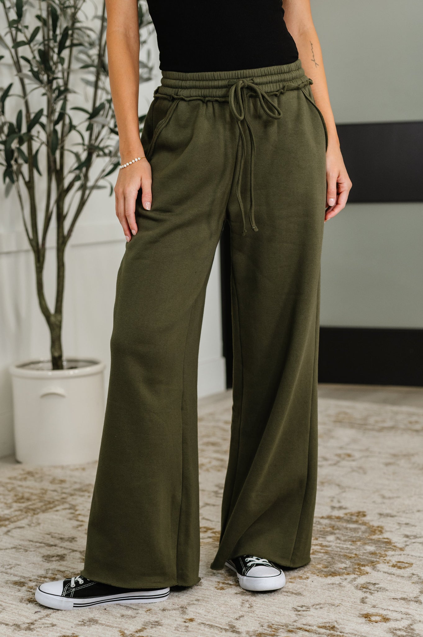 Lounge Line Wide Leg Sweats in Dark Olive