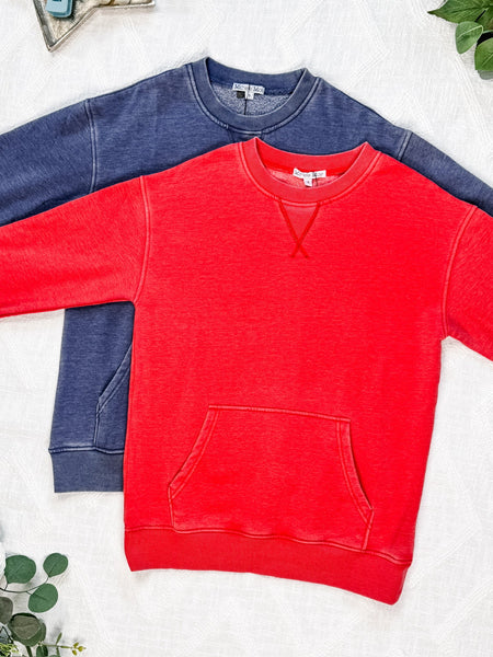 IN STOCK Vintage Wash Pocket Pullover - Red