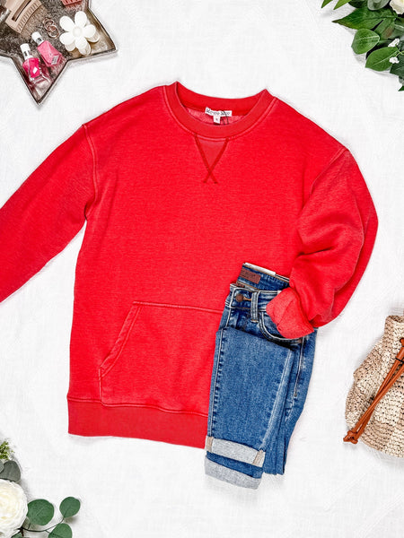 IN STOCK Vintage Wash Pocket Pullover - Red