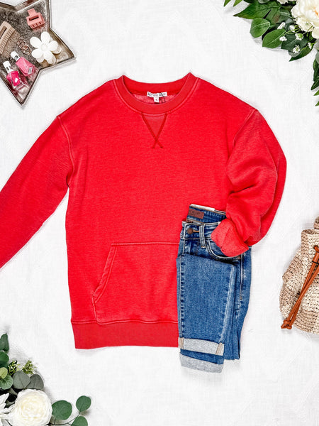 IN STOCK Vintage Wash Pocket Pullover - Red