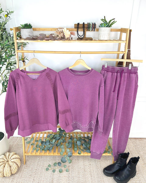 IN STOCK Lace Accent Vintage Wash Pullover - Purple