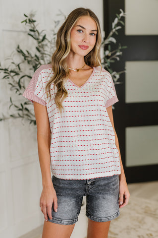 Stitched with Love V-Neck Top in Ivory and Red