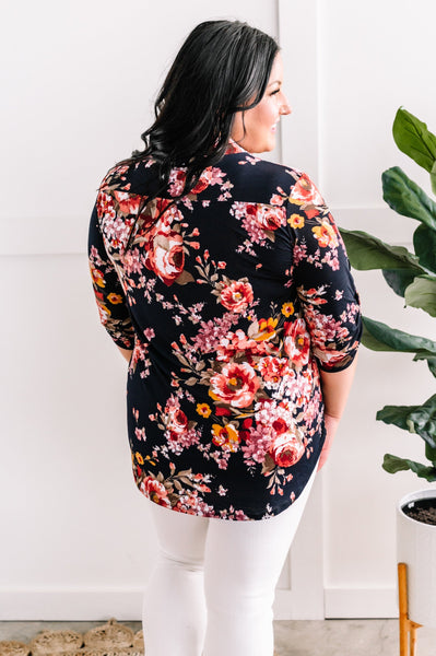 Floral Gabby Blouse With Button Sleeve Detail In Navy