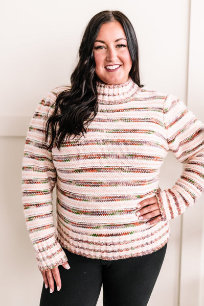 Mock Neck Knit Sweater In Multi Color Stripes