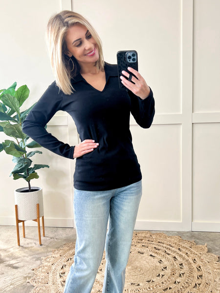 Collared Long Sleeve Top In Black