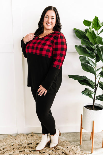 V Neck Buffalo Plaid Top In Red & Black